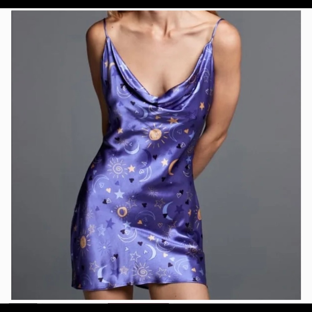 Zara satin like star moon design printed purple slip dre